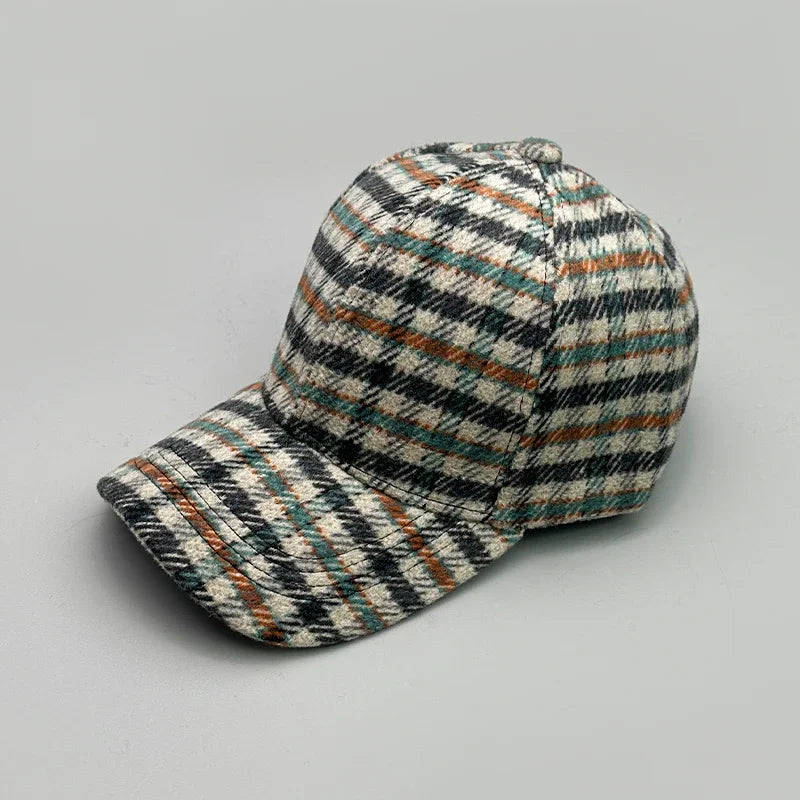 Woolen Cloth Stripe Versatile Check British Style Baseball Caps Autumn and Winter New Fashion Men Women Warm Retro Literary