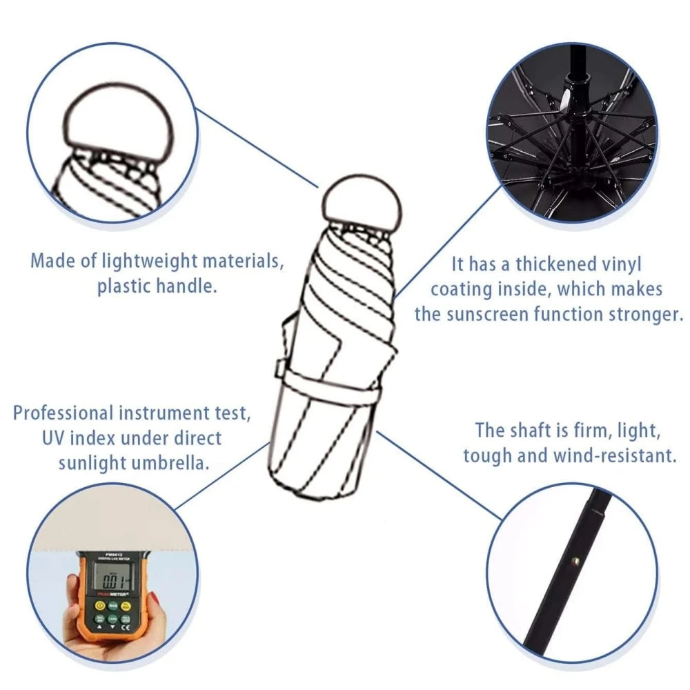 Mini Umbrella For Sunny And Rainy Days, Portable With Uv Coating And 6 Reinforced Ribs