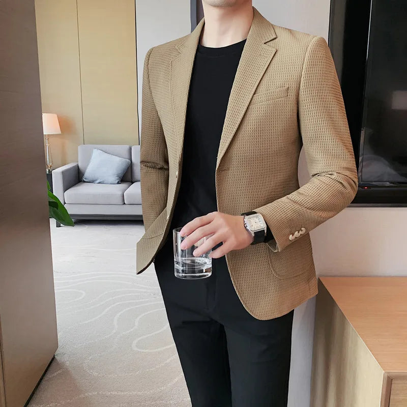 Blazer Hombre Big Size Autumn Winter Waffle Blazers Jacket For Men High Quality Single Breasted Slim Fit Casual Formal Suit Coat