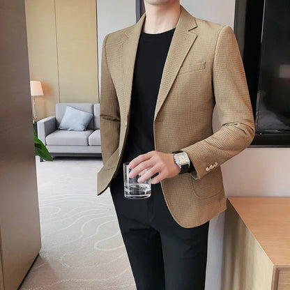 Blazer Hombre Big Size Autumn Winter Waffle Blazers Jacket For Men High Quality Single Breasted Slim Fit Casual Formal Suit Coat