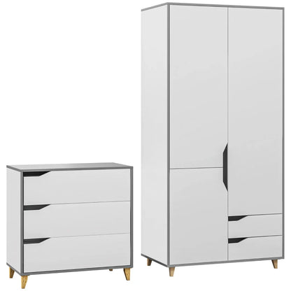HOMCOM Bedroom Furniture Set, Wardrobe with Hanging Rail, 3 Drawer Chest of Drawers with Cut-out Handles, Grey and White