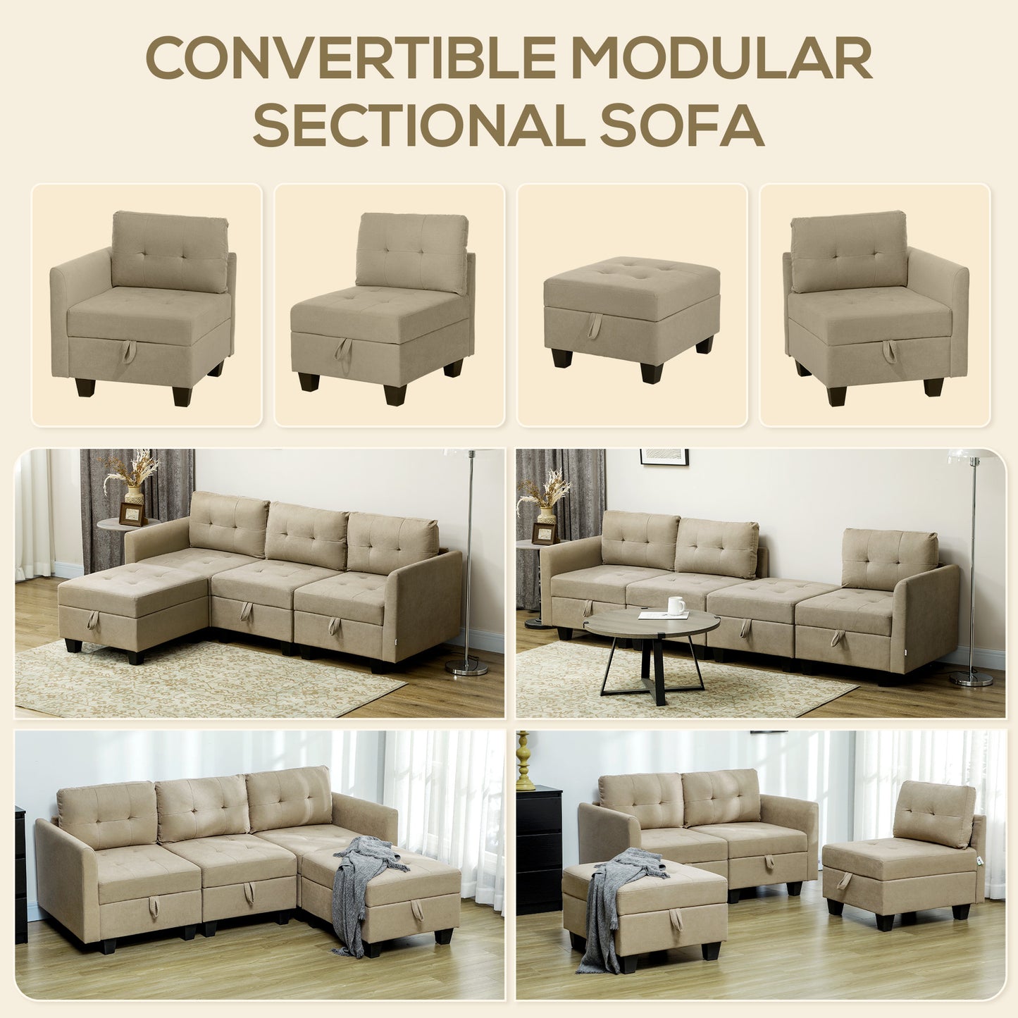 HOMCOM Convertible Modular Sectional Sofa with Storage, 3 Seater Sofa Set, L Shaped Sofa Couch with Ottoman, Wood Frame for Living Room, Light Brown