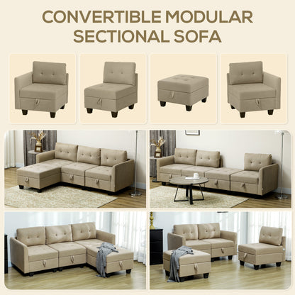 HOMCOM Convertible Modular Sectional Sofa with Storage, 3 Seater Sofa Set, L Shaped Sofa Couch with Ottoman, Wood Frame for Living Room, Light Brown