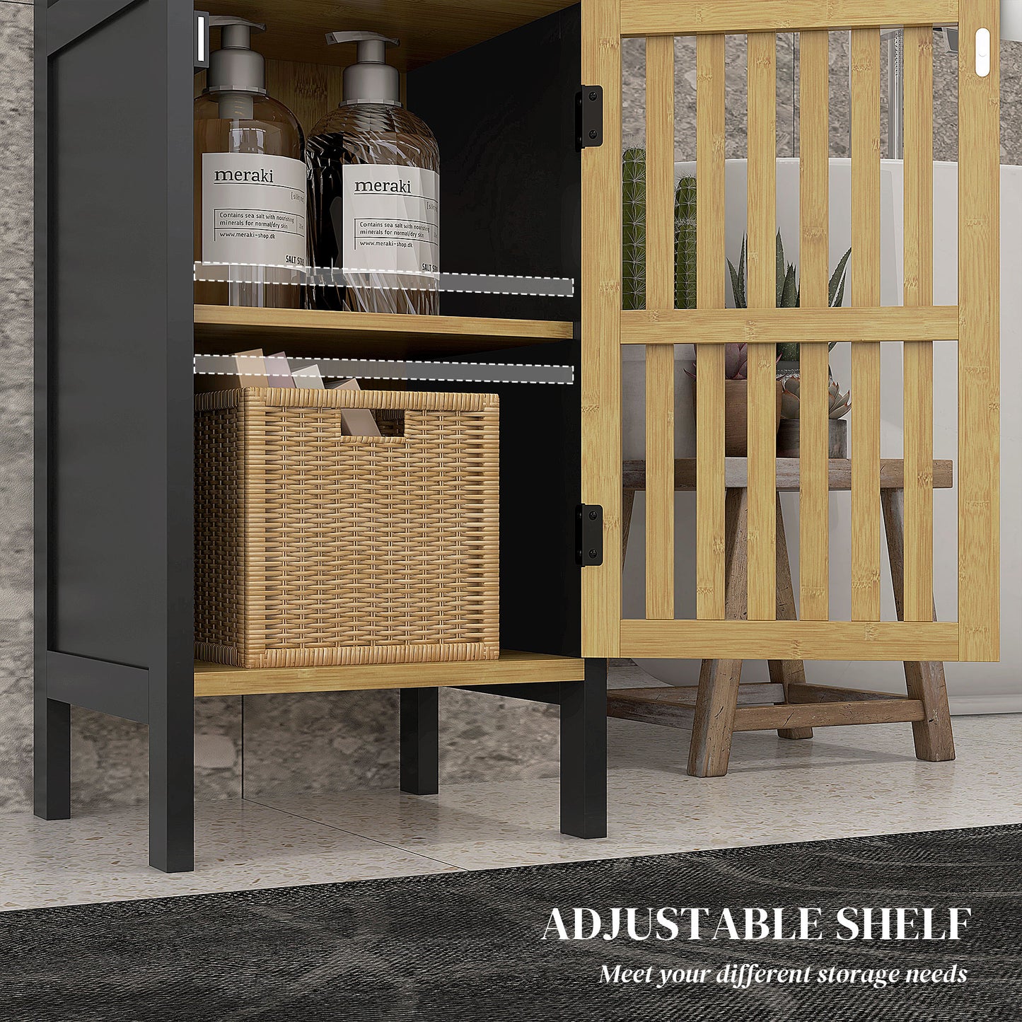Slim Bathroom Storage Cabinet, Small Bamboo Bathroom Cabinet with Open Compartment and Adjustable Shelf, Black | HOMCOM-4