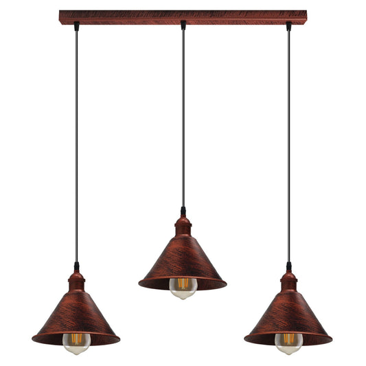 Vintage Industrial Rustic Red 3 Head Reactangle Pendant Cord E27 Base MetalBrushed Light Fitting Cone Shape Lamp Shade-0
