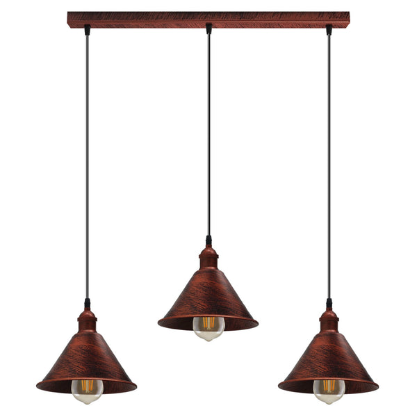 Vintage Industrial Rustic Red 3 Head Reactangle Pendant Cord E27 Base MetalBrushed Light Fitting Cone Shape Lamp Shade-0