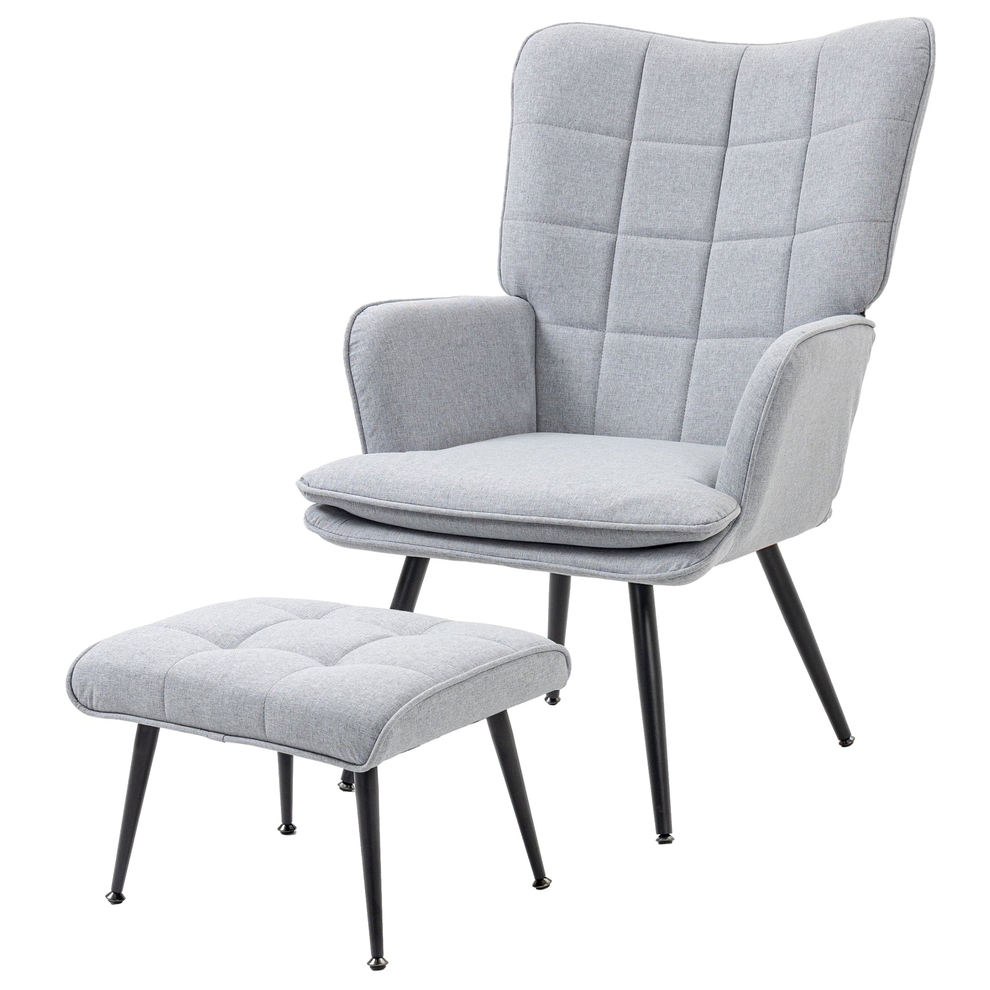 Comfortable Linen Wingback Armchair with Footstool - Light Grey-0