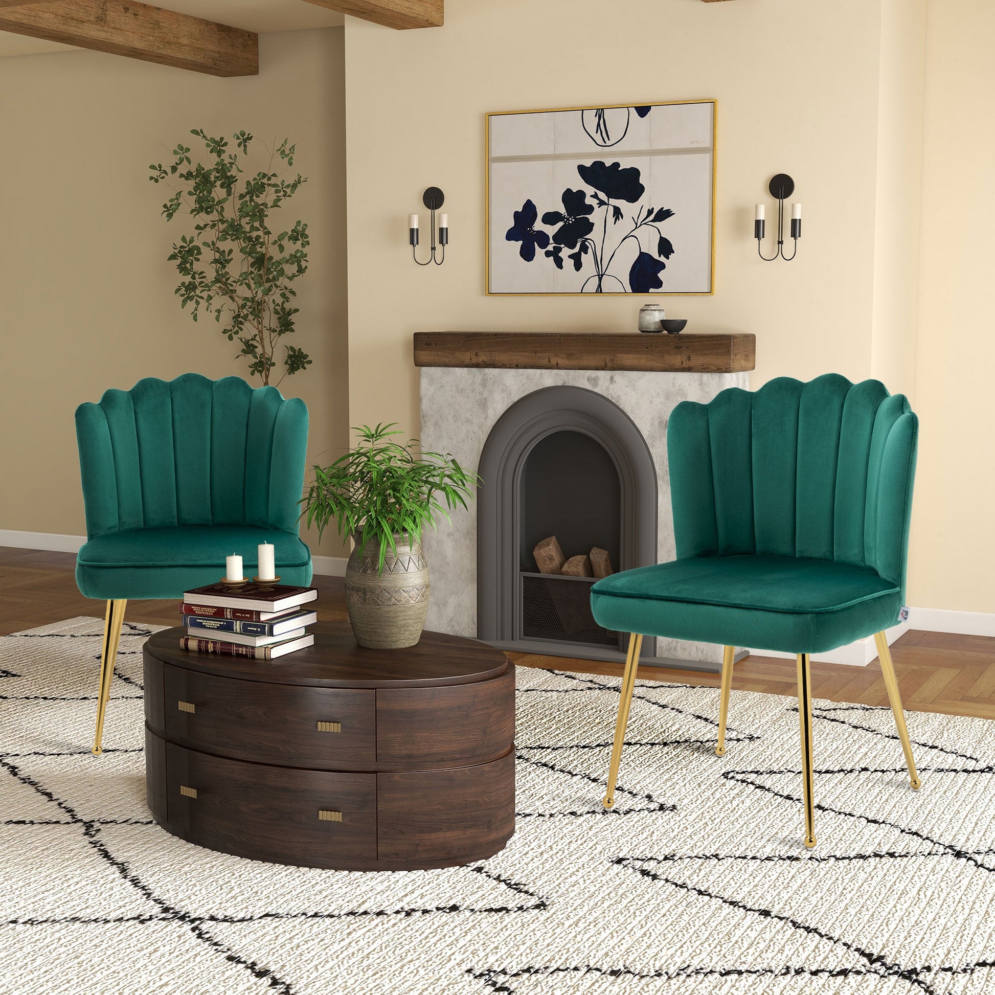 Shell Luxe Velvet Accent Chair, Modern Living Room Chair with Gold Metal Legs for Living Room, Bedroom, Home Office, Set of 2, Green-1