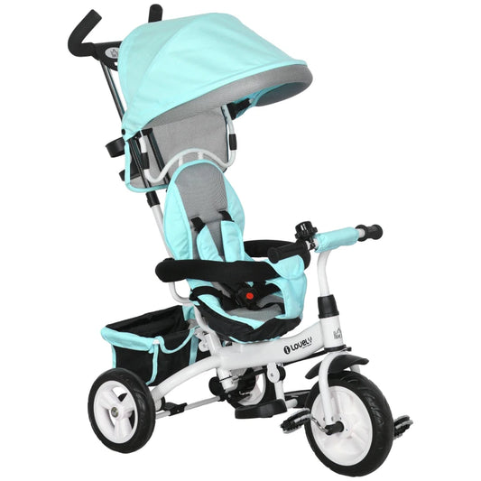 6 in 1 Kids Trike Push Bike w/ Push Handle, Canopy, 5-point Safety Belt, Storage, Footrest, Brake, for 1-5 Years, Green | HOMCOM-0