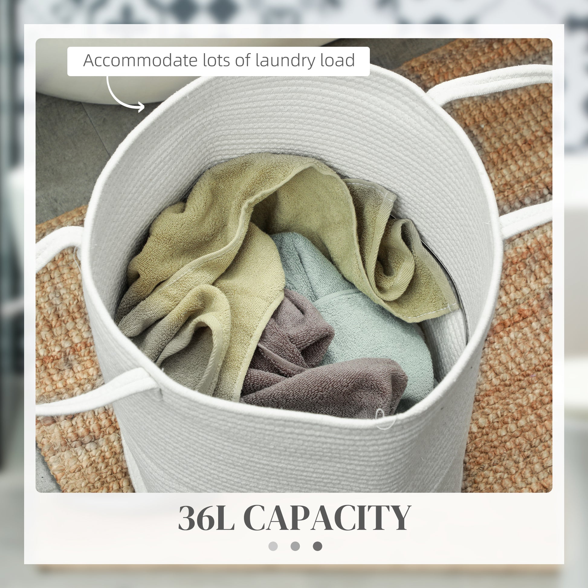 HOMCOM 36L Cotton Rope Laundry Basket, with Handles in Cream White-3