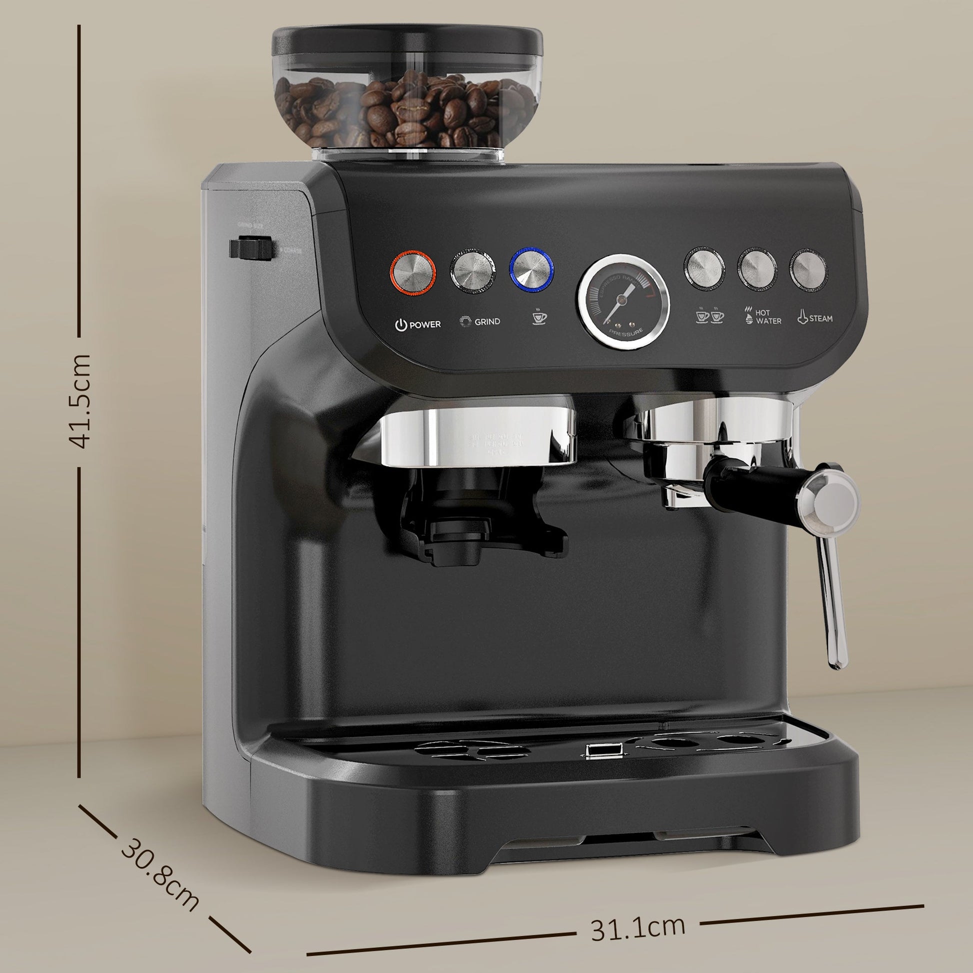 Automatic 15 Bar Coffee Machine with Adjustable Grind and Steamer - Black-2