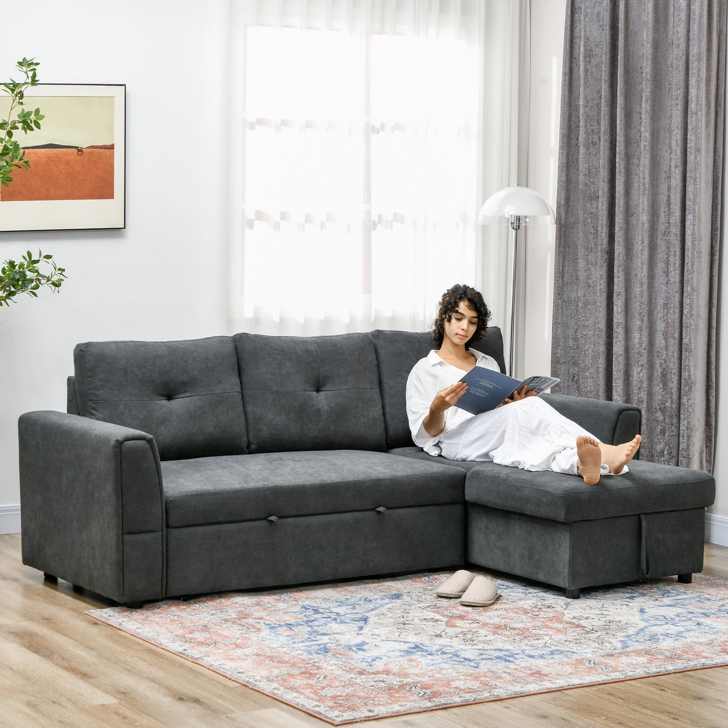 HOMCOM 3 Seater Sofa Bed, L-Shaped Corner Sofa, Pull Out Sofa with Storage, Convertible Click Clack Settee Sectional Sleeper Futon in Dark Grey