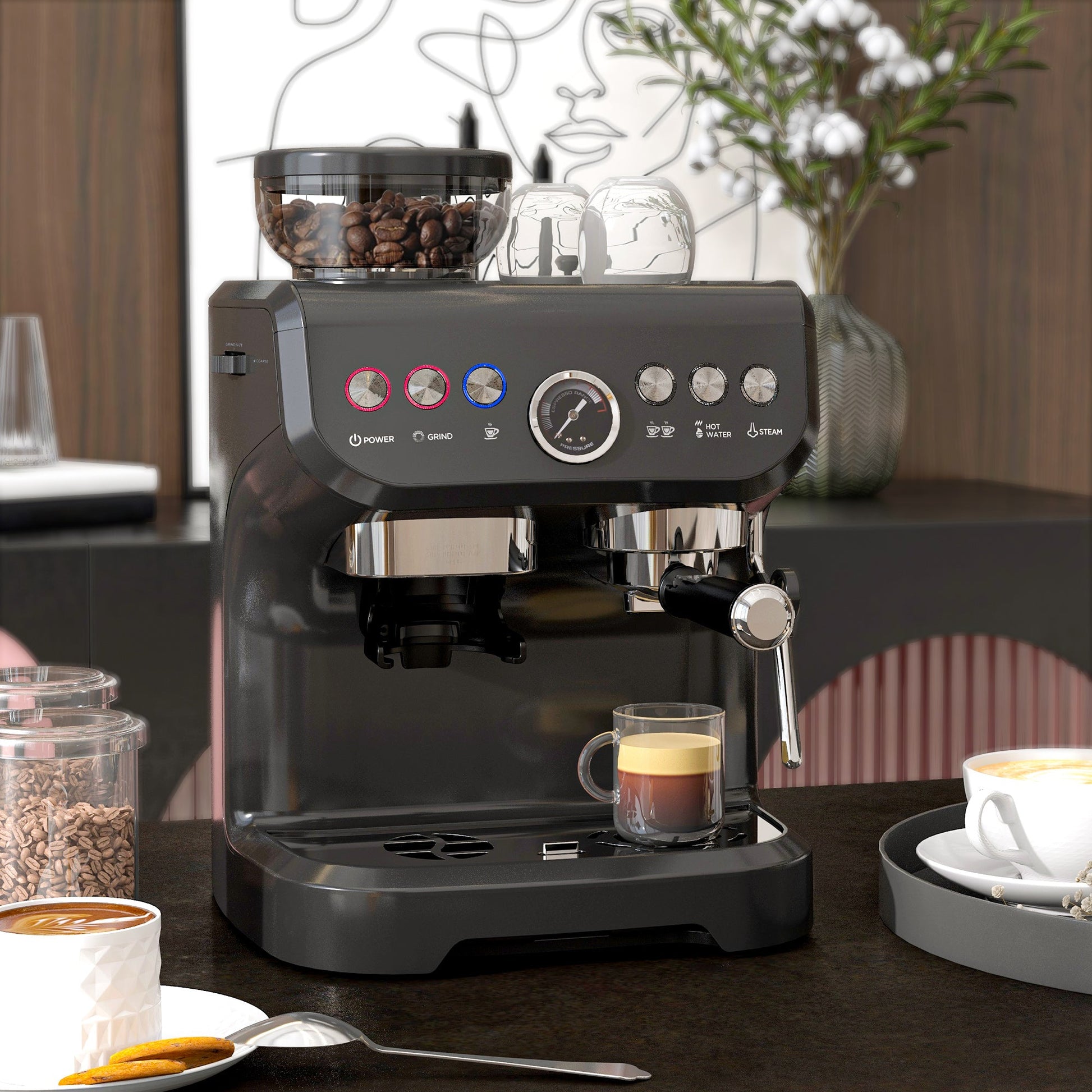 Automatic 15 Bar Coffee Machine with Adjustable Grind and Steamer - Black-1