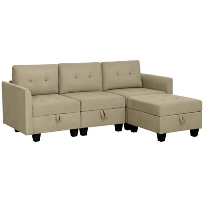 HOMCOM Convertible Modular Sectional Sofa with Storage, 3 Seater Sofa Set, L Shaped Sofa Couch with Ottoman, Wood Frame for Living Room, Light Brown