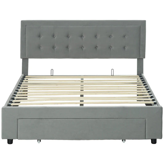 HOMCOM Double Size Ottoman Bed Frame, with Front Drawer in Grey-0