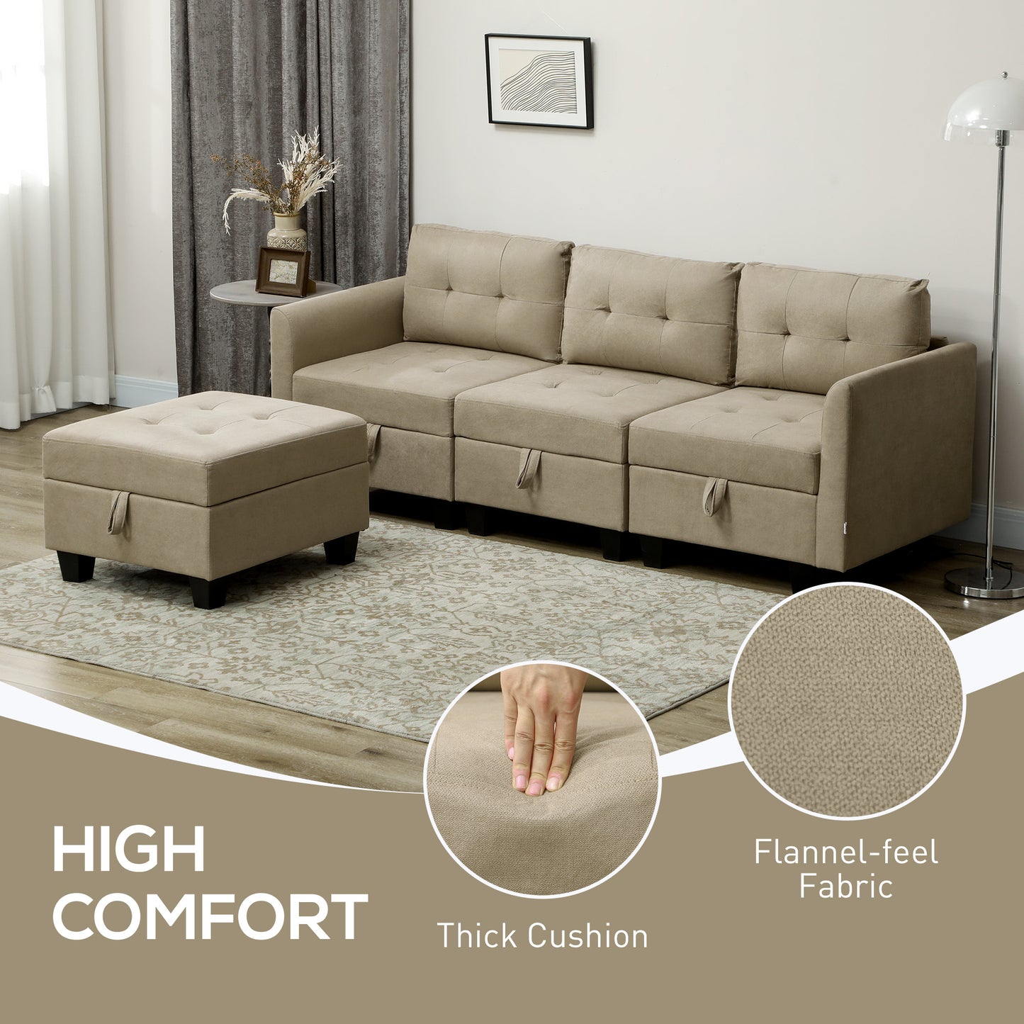HOMCOM Convertible Modular Sectional Sofa with Storage, 3 Seater Sofa Set, L Shaped Sofa Couch with Ottoman, Wood Frame for Living Room, Light Brown