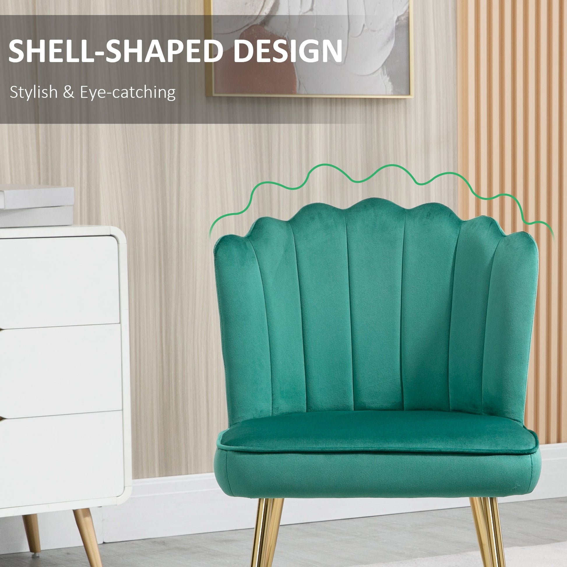 Shell Luxe Velvet Accent Chair, Modern Living Room Chair with Gold Metal Legs for Living Room, Bedroom, Home Office, Set of 2, Green-4