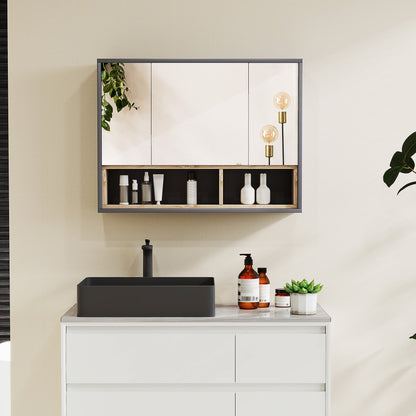 Bathroom Mirror Cabinet, Wall Mounted Bathroom Cabinet with Mirror, 3 Doors and Cupboards, Grey-1