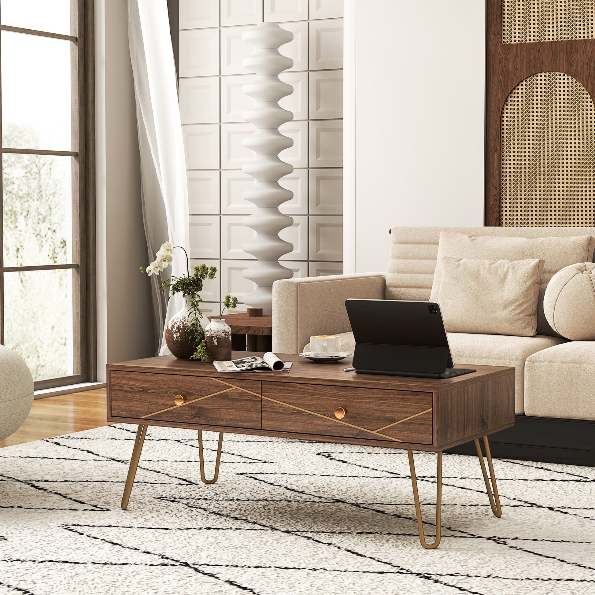 Coffee Table with Storage, Living Room Table with Drawers, Rectangular Tea Table with Steel Base for Home, 100 x 50 x 41 cm, Brown-1