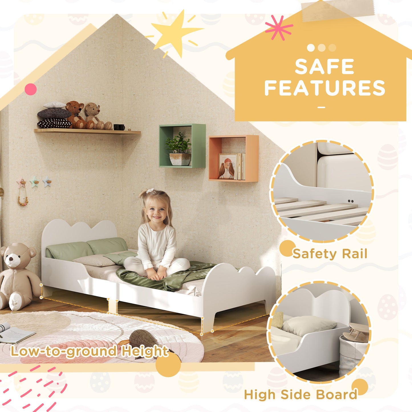Cloud-Themed Toddler Bed Frame with Safety Rails, 143.5 x 74.5 x 56cm-3