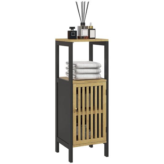 Slim Bathroom Storage Cabinet, Small Bamboo Bathroom Cabinet with Open Compartment and Adjustable Shelf, Black | HOMCOM-0
