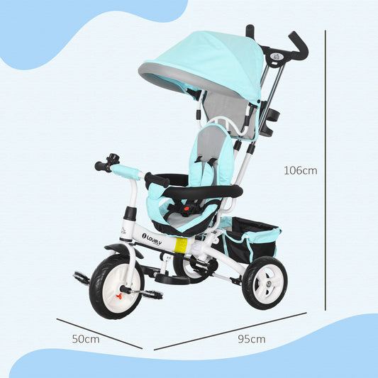 6 in 1 Kids Trike Push Bike w/ Push Handle, Canopy, 5-point Safety Belt, Storage, Footrest, Brake, for 1-5 Years, Green | HOMCOM-1