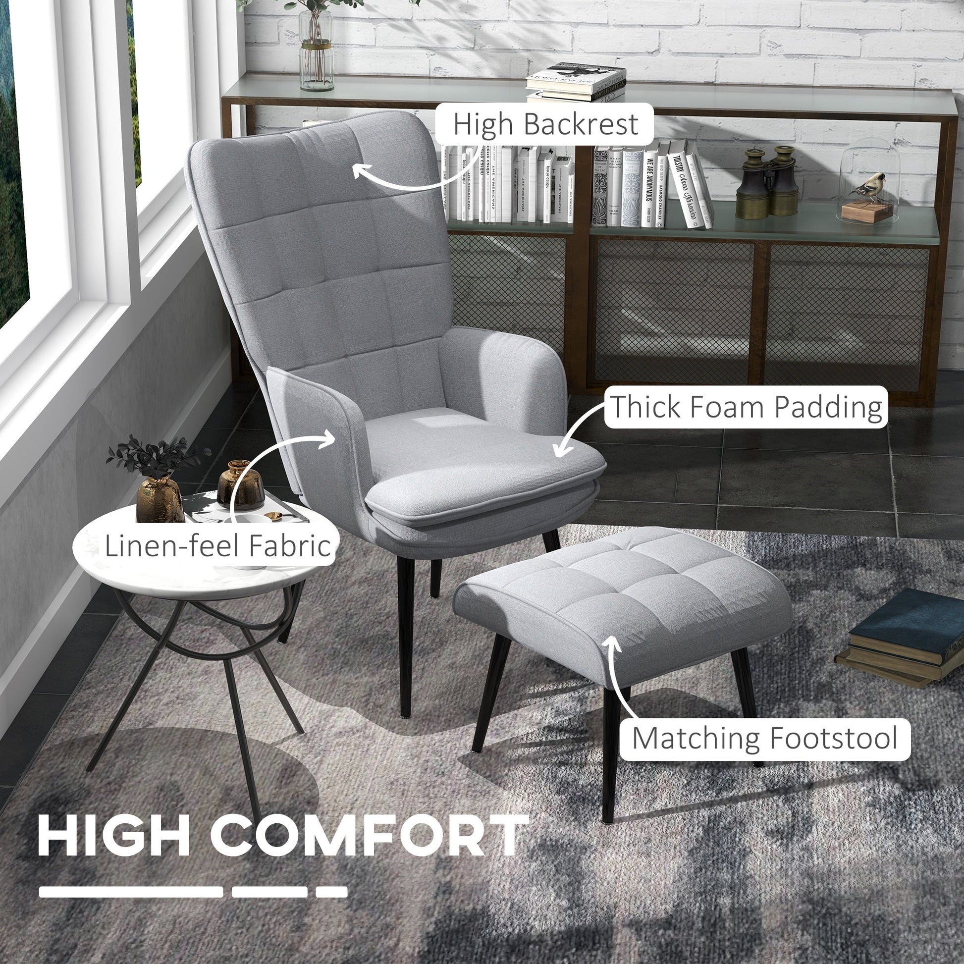Comfortable Linen Wingback Armchair with Footstool - Light Grey-3
