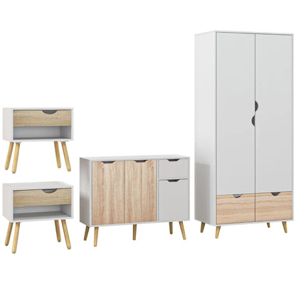 HOMCOM Bedroom Furniture Set, Wardrobe with Hanging Rod, Side Cabinet with Wood legs, Bedside Table with Drawer, Nature Wood Finish and White