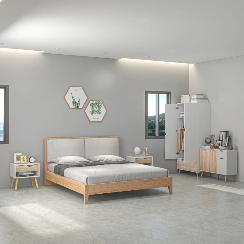 HOMCOM Bedroom Furniture Set, Wardrobe with Hanging Rod, Side Cabinet with Wood legs, Bedside Table with Drawer, Nature Wood Finish and White