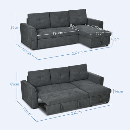 HOMCOM 3 Seater Sofa Bed, L-Shaped Corner Sofa, Pull Out Sofa with Storage, Convertible Click Clack Settee Sectional Sleeper Futon in Dark Grey