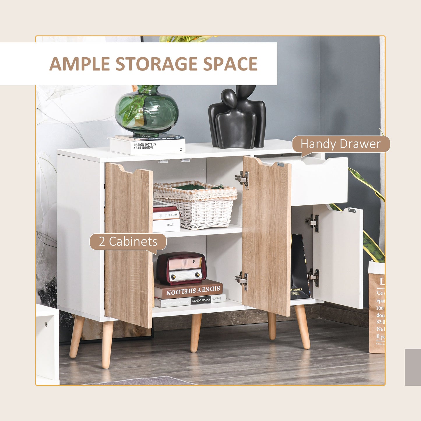 HOMCOM Bedroom Furniture Set, Wardrobe with Hanging Rod, Side Cabinet with Wood legs, Bedside Table with Drawer, Nature Wood Finish and White