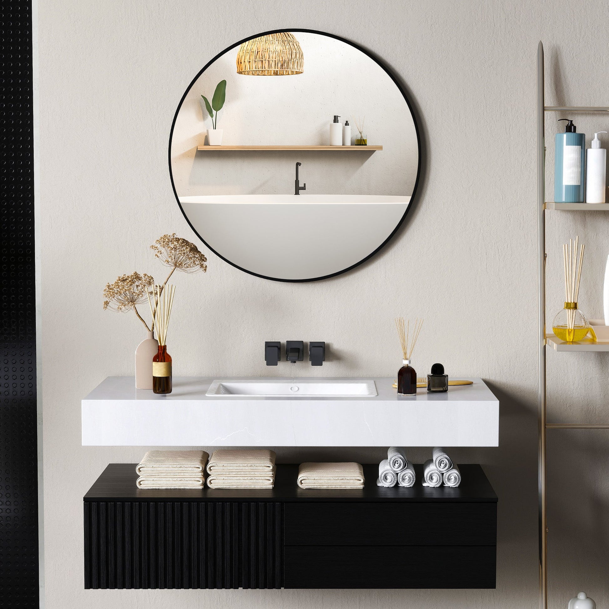 Round Bathroom Mirror, 70 x 70cm Steel Framed Wall Mirror, Decorative Mirror for Bedroom, Living Room, Entryway, Black-1