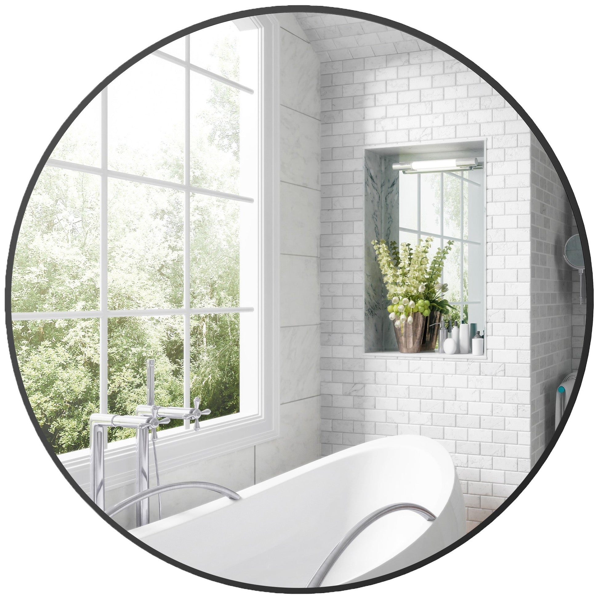 Round Bathroom Mirror, 70 x 70cm Steel Framed Wall Mirror, Decorative Mirror for Bedroom, Living Room, Entryway, Black-0
