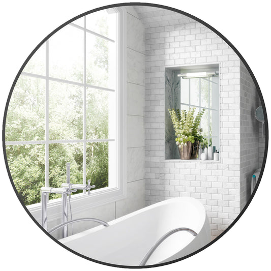 Round Bathroom Mirror, 70 x 70cm Steel Framed Wall Mirror, Decorative Mirror for Bedroom, Living Room, Entryway, Black-0