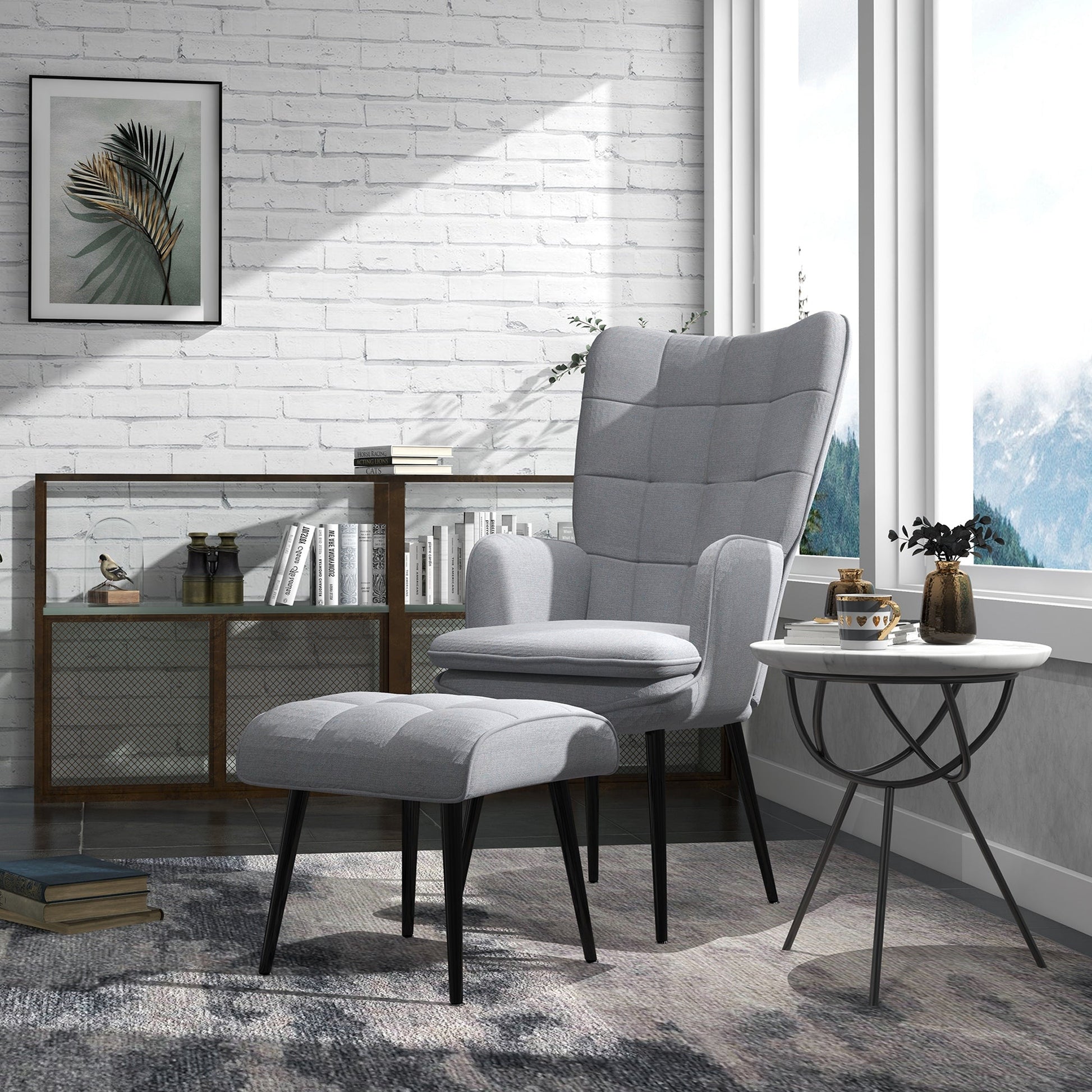 Comfortable Linen Wingback Armchair with Footstool - Light Grey-1