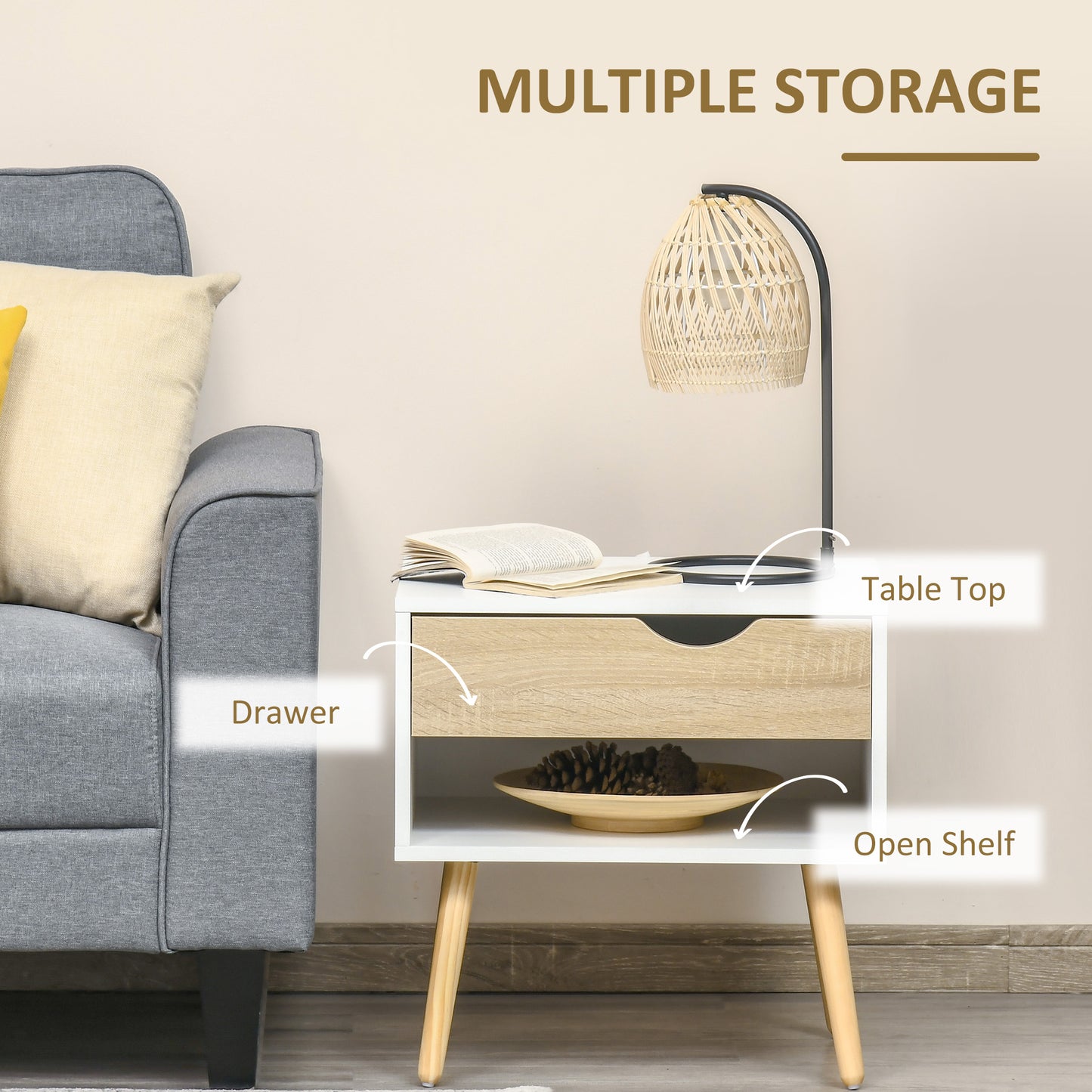 HOMCOM Bedroom Furniture Set, Wardrobe with Hanging Rod, Side Cabinet with Wood legs, Bedside Table with Drawer, Nature Wood Finish and White