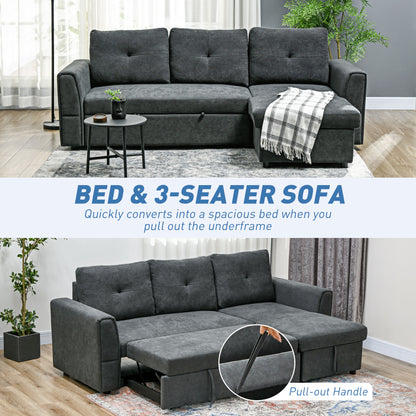 HOMCOM 3 Seater Sofa Bed, L-Shaped Corner Sofa, Pull Out Sofa with Storage, Convertible Click Clack Settee Sectional Sleeper Futon in Dark Grey