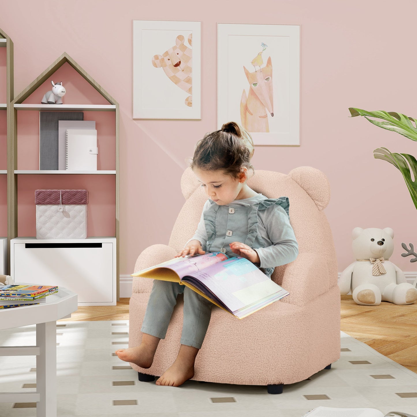 Kids Bear Shaped Armchair with Teddy Fleece - Pink-1