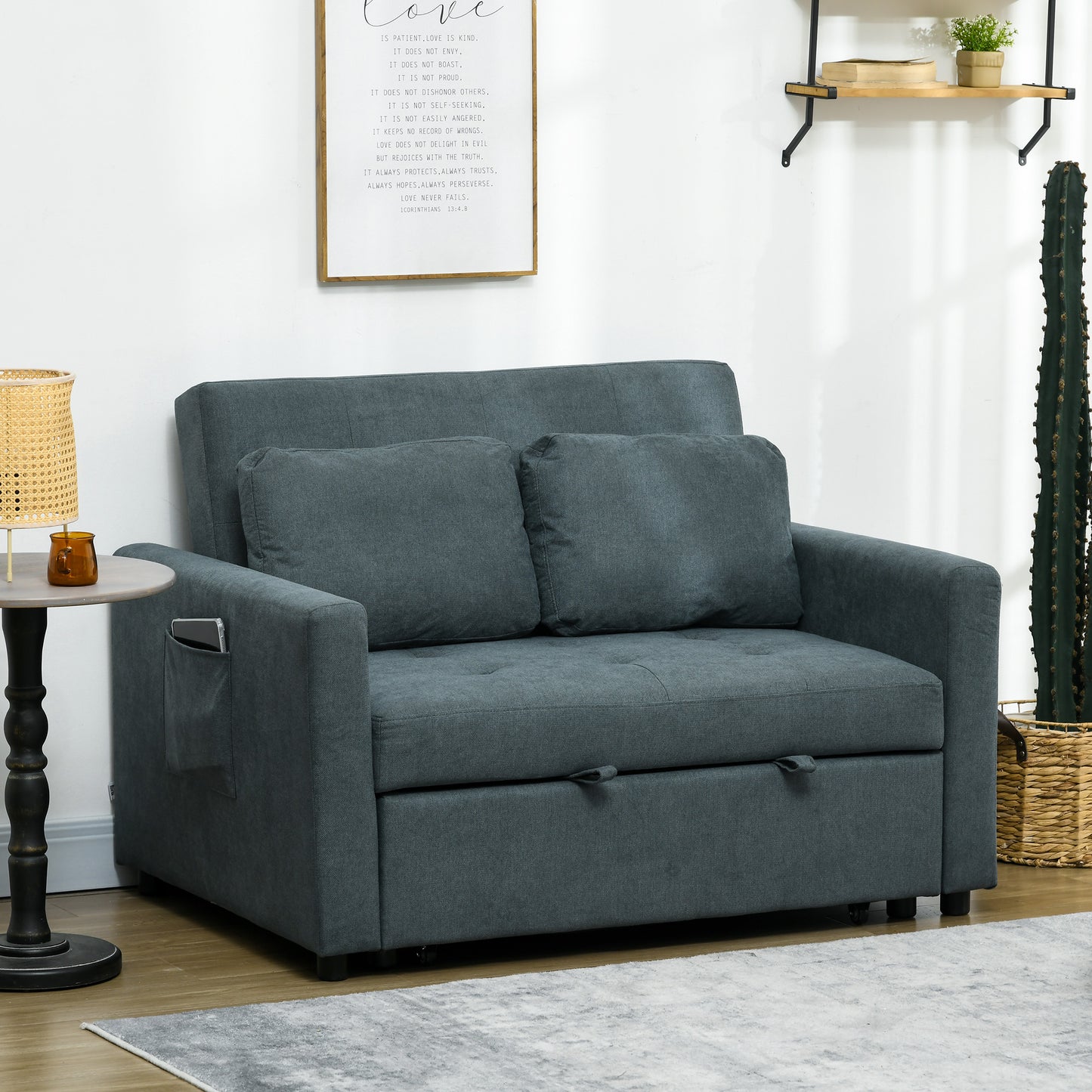 Living Room Loveseat Sofa Bed, Convertible Bed Settee with 2 Cushions, Side Pockets, Charcoal Grey by HOMCOM
