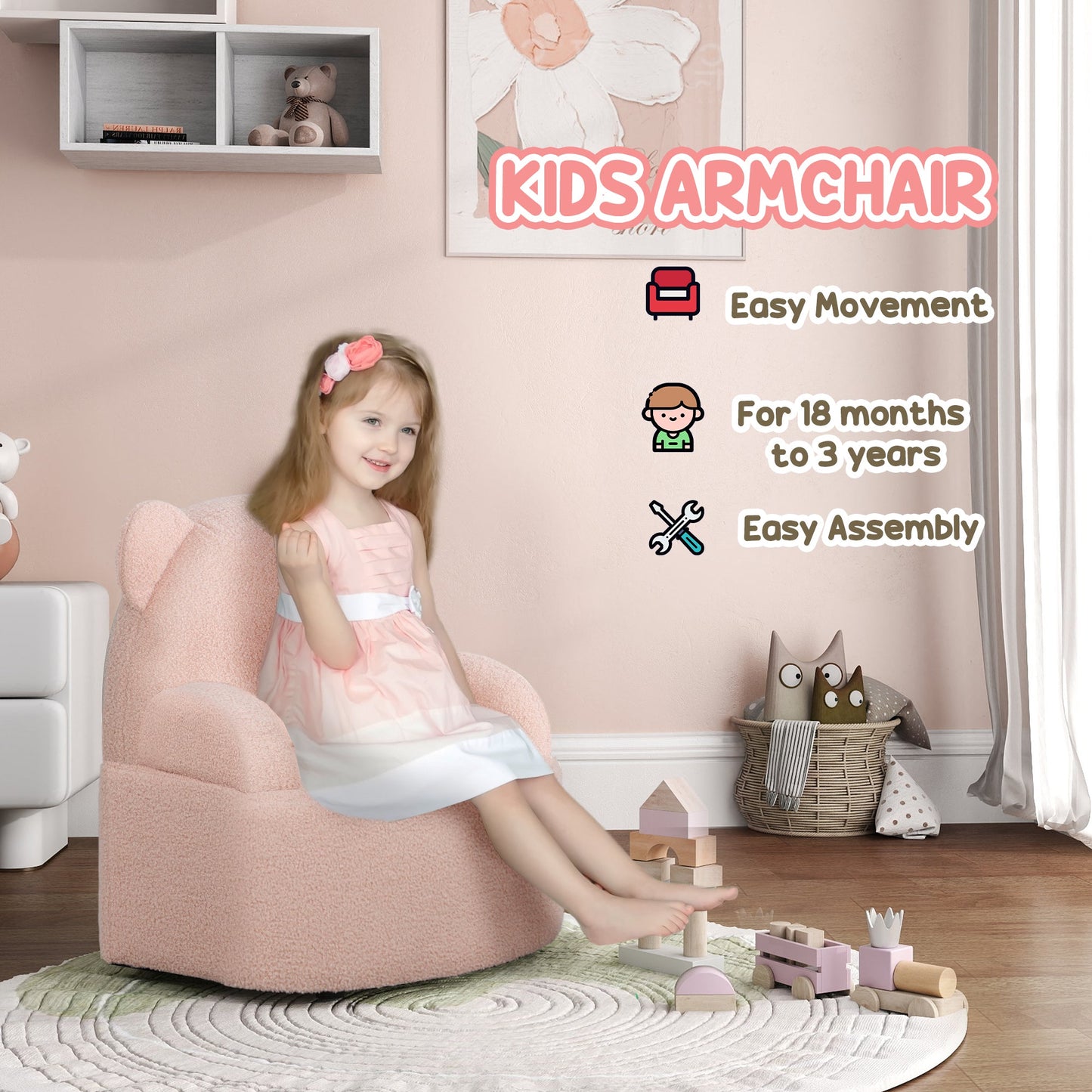 Kids Bear Shaped Armchair with Teddy Fleece - Pink-4